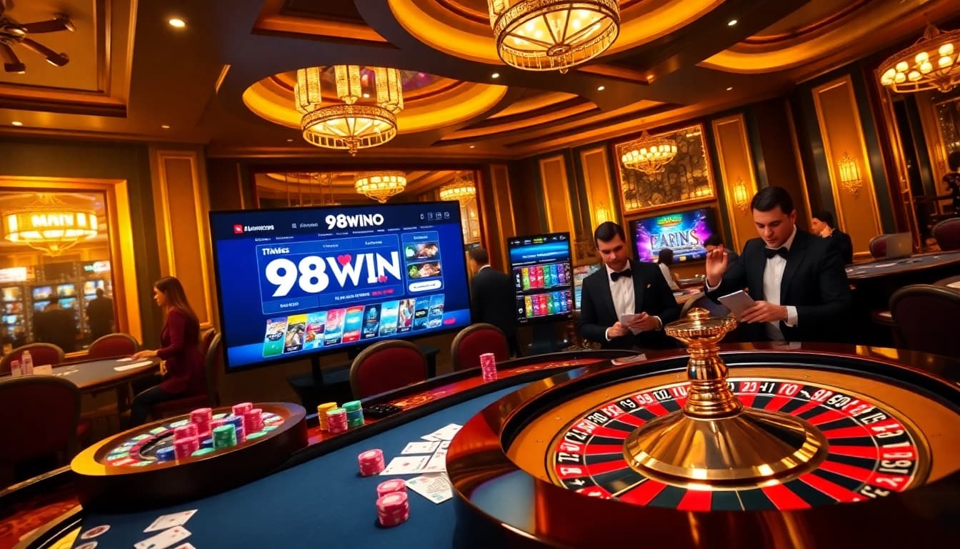 Experience the excitement of 98WIN at a luxurious casino table with vibrant poker chips.