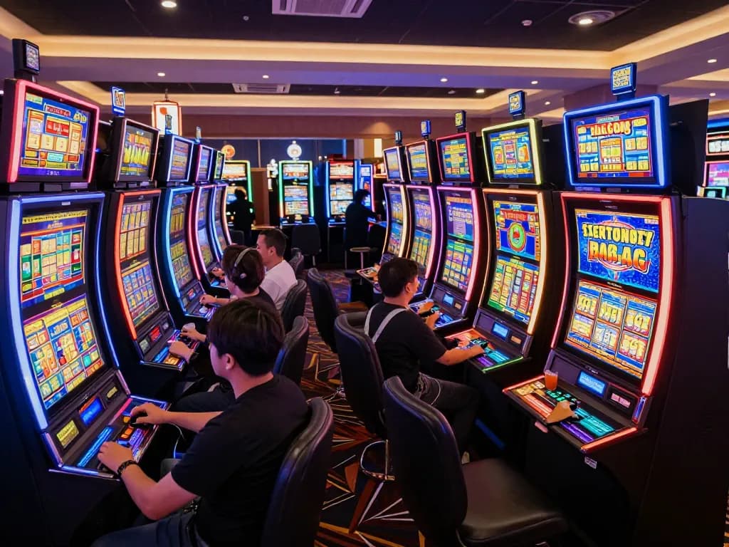 Engaged players celebrating their wins at vibrant slot resmi machines in a lively casino environment.