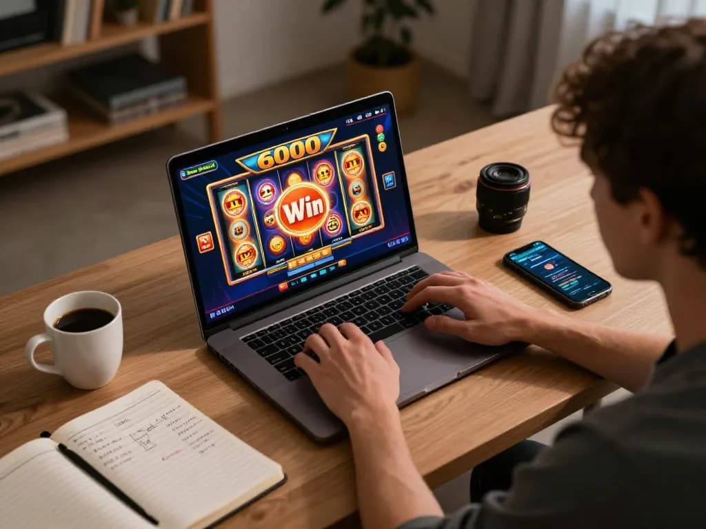 Person enjoying an exciting game of slot6000 on a laptop in a cozy home office.
