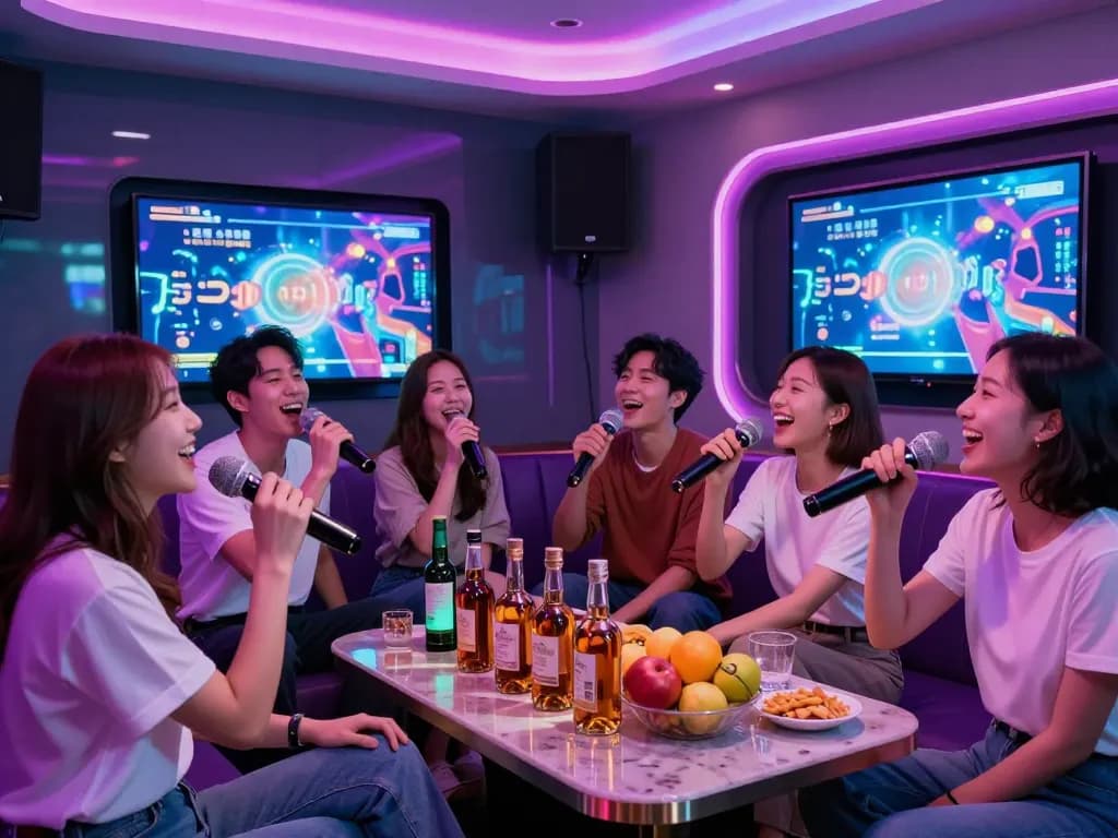 Karaoke experience at gangnamtune.com in a lively, modern venue with friends enjoying drinks and singing.