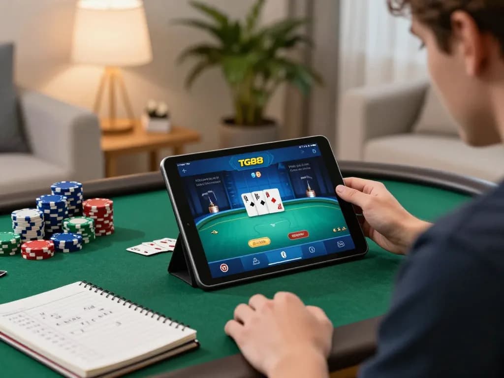 Player engaged in poker gameplay using the TG88 app on a tablet, showcasing strategic betting.