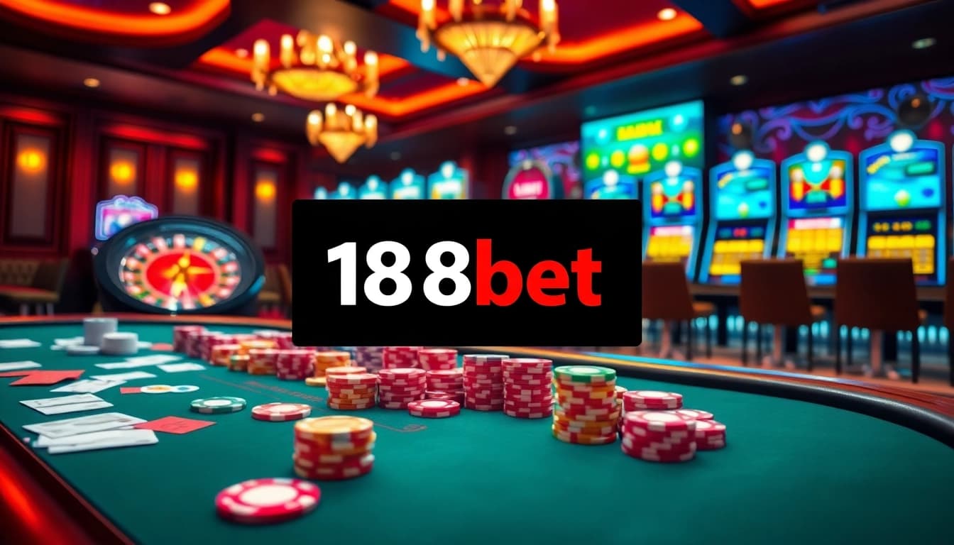 Engaging casino scene featuring vibrant slot machines and link 188bet prominently displayed.