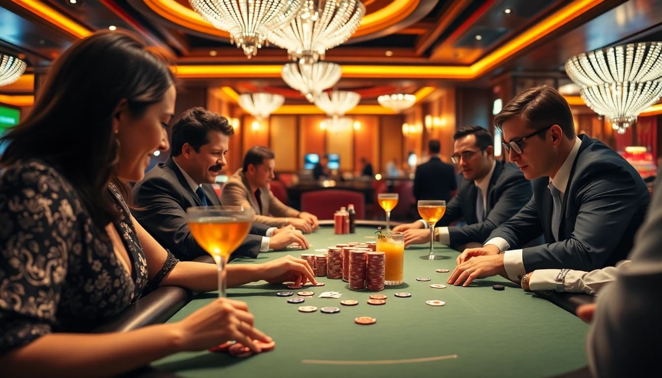 Menggambarkan strategi hoki77 saat bermain poker di kasino mewah.
