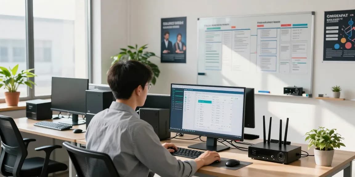 IT business support scene with technician monitoring networks and collaborating in a modern office.