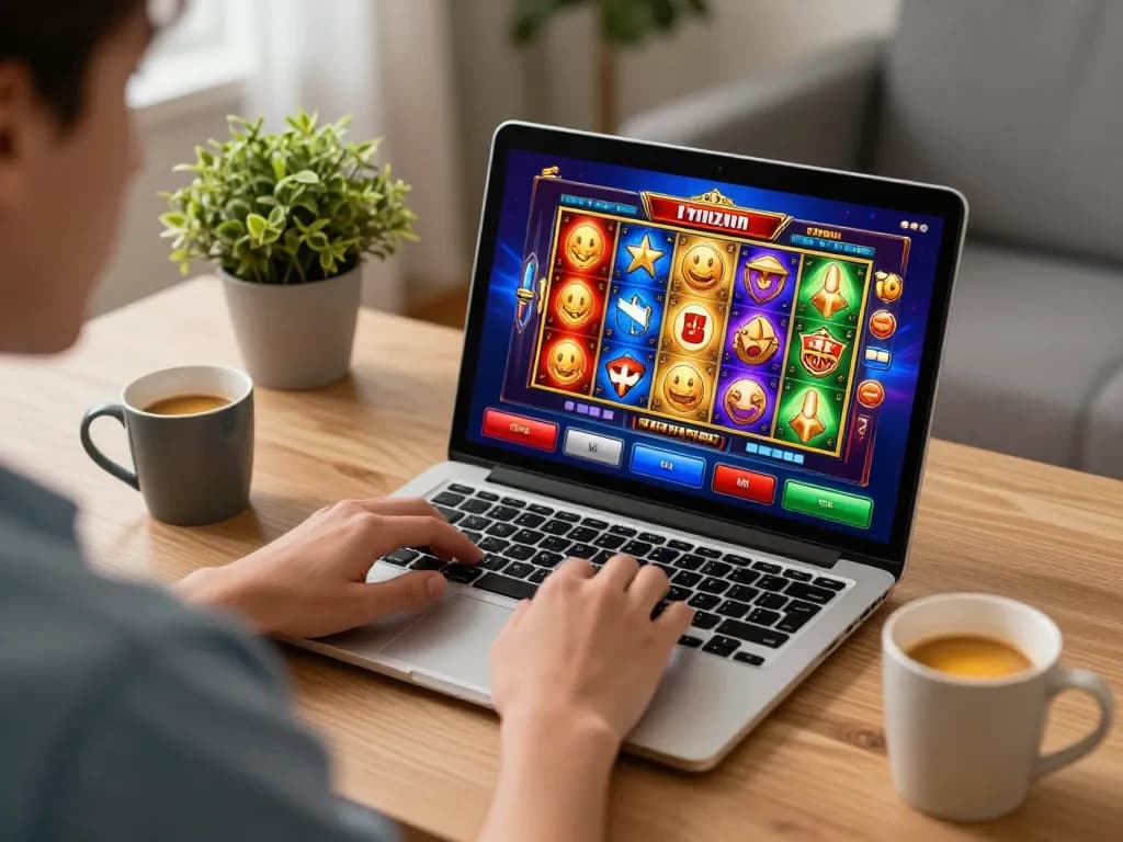 SLOT6000 player engaged in vibrant online slot game in cozy home setting.