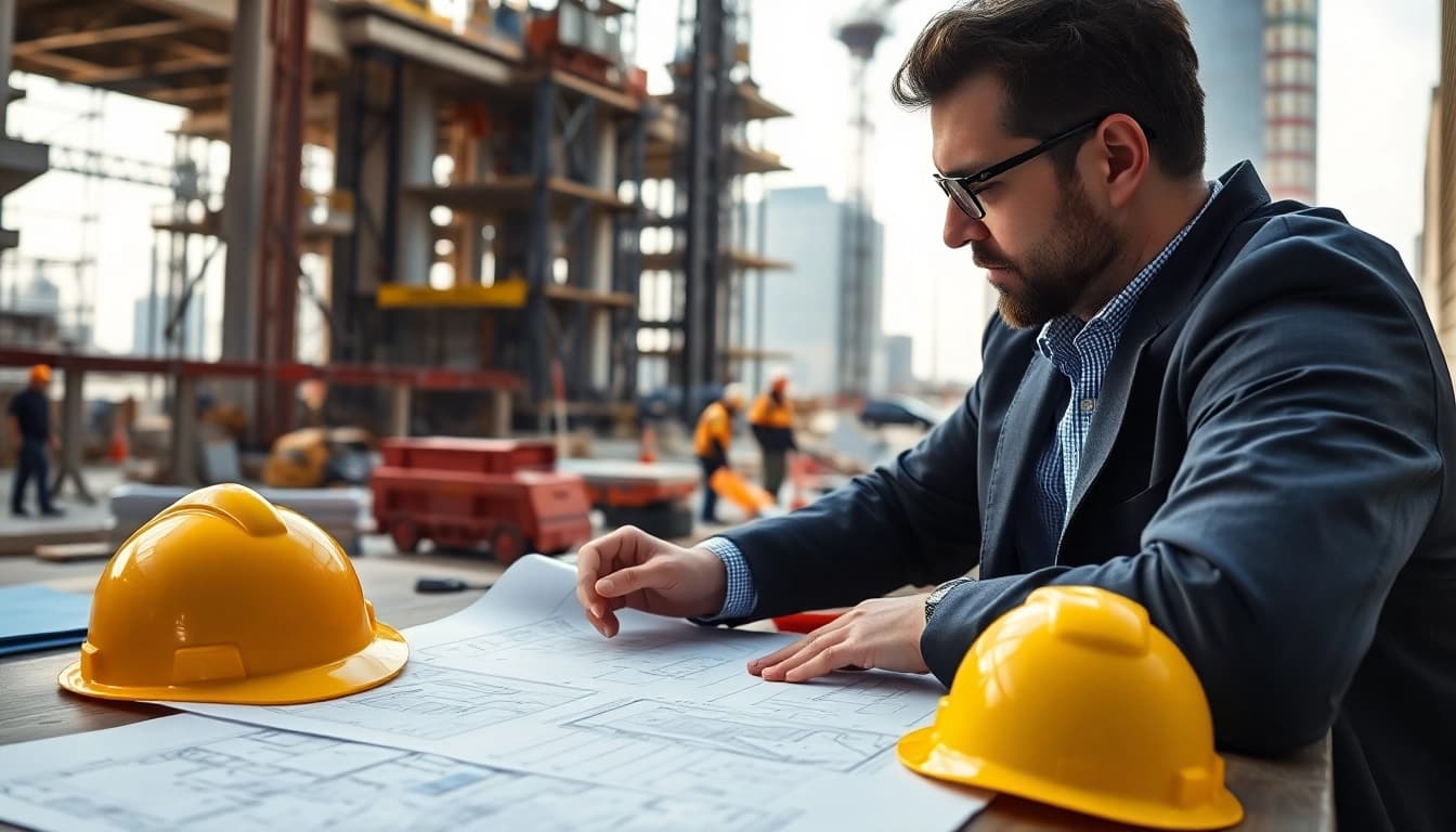 Engaging New York City Construction Manager discussing project details on a bustling construction site.