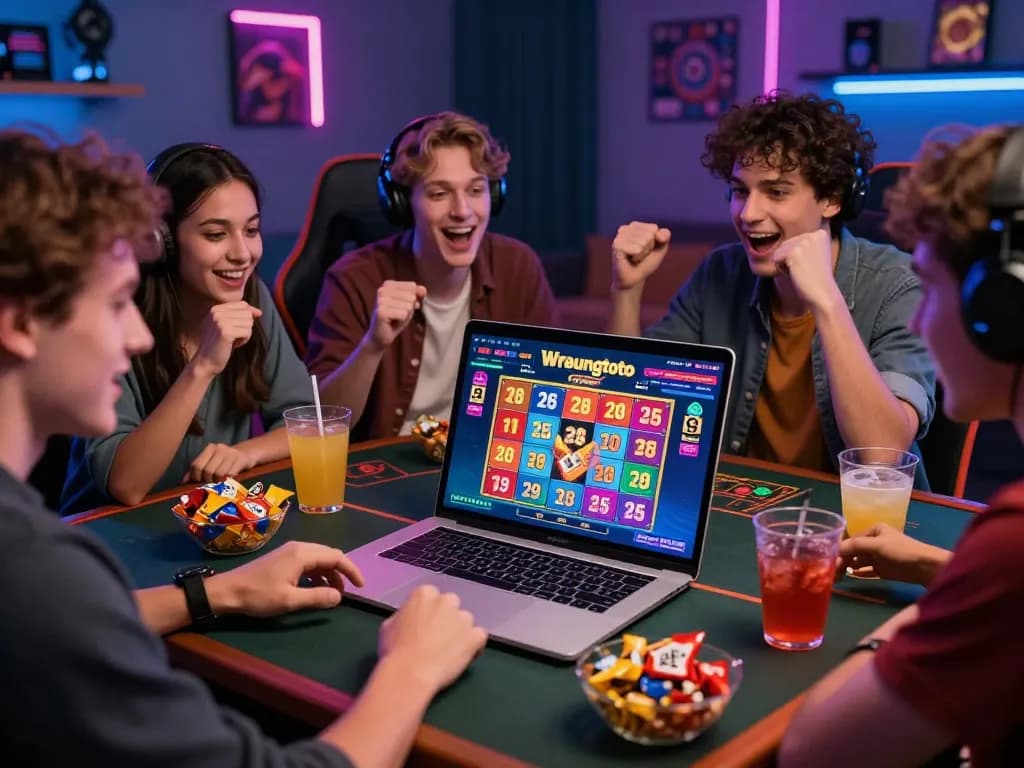 Friends celebrating while using the wraungtoto online gambling platform during a fun gaming night.