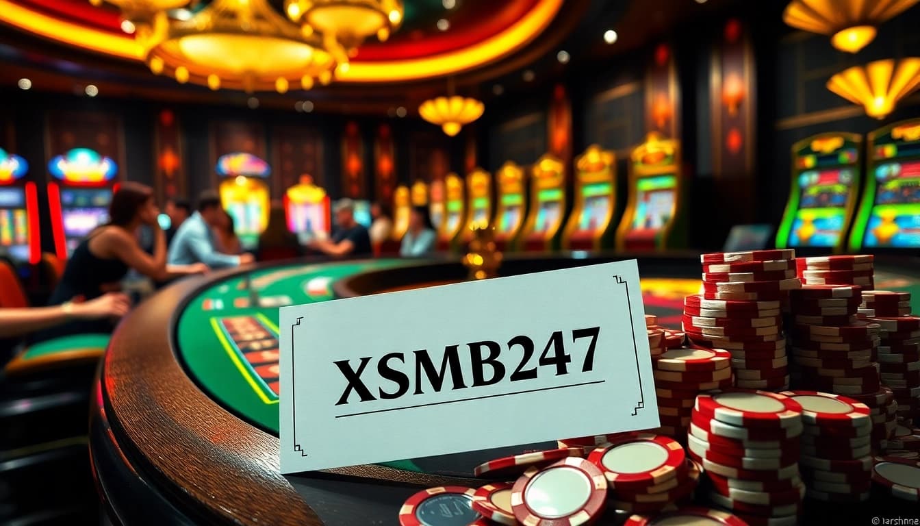 XSMB247 betting slip on a roulette table surrounded by poker chips and cards