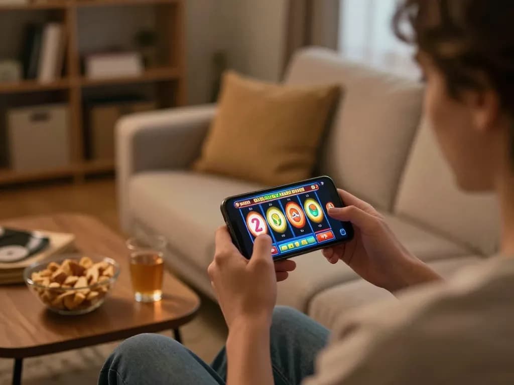 Player enjoying mobile slot games on their smartphone, engaging with oli 4d in a cozy home setting.