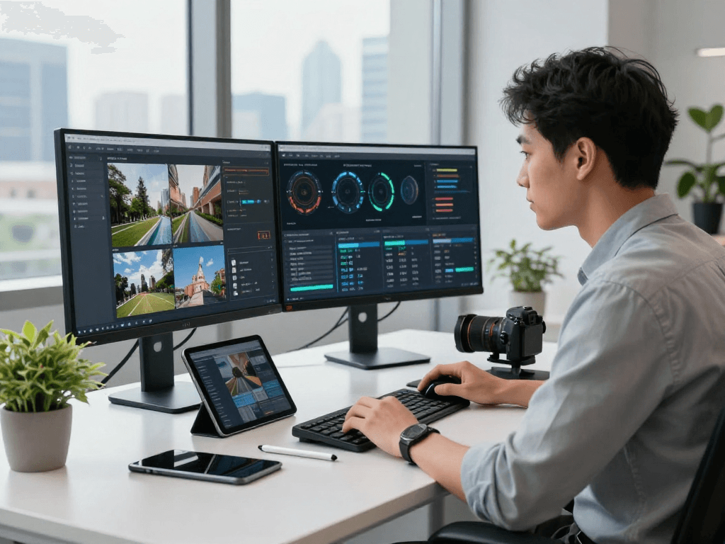AI image detector workspace with analyst examining image analysis metrics in modern office.
