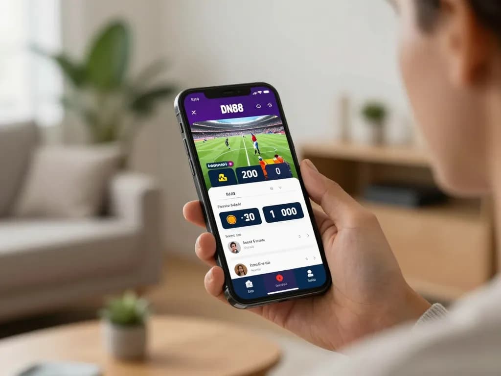Betting with DN88 app on smartphone in a cozy home setting, showcasing user engagement.
