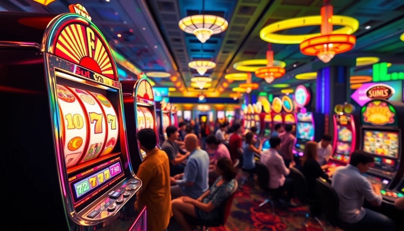 Mainkan slot pulsa dengan mesin slot yang penuh warna dan suasana kasino yang meriah.