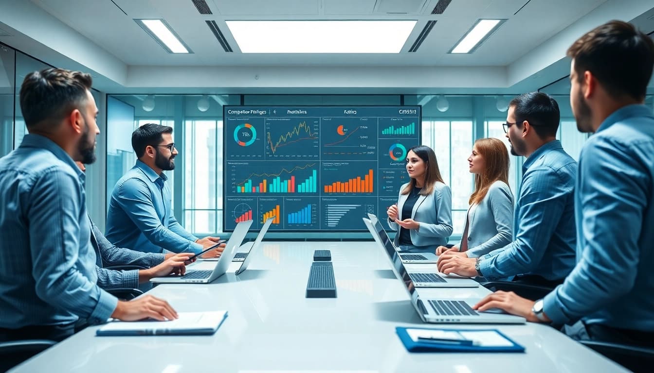Analyze competitor pricing strategies in a collaborative corporate environment with analysts discussing charts.