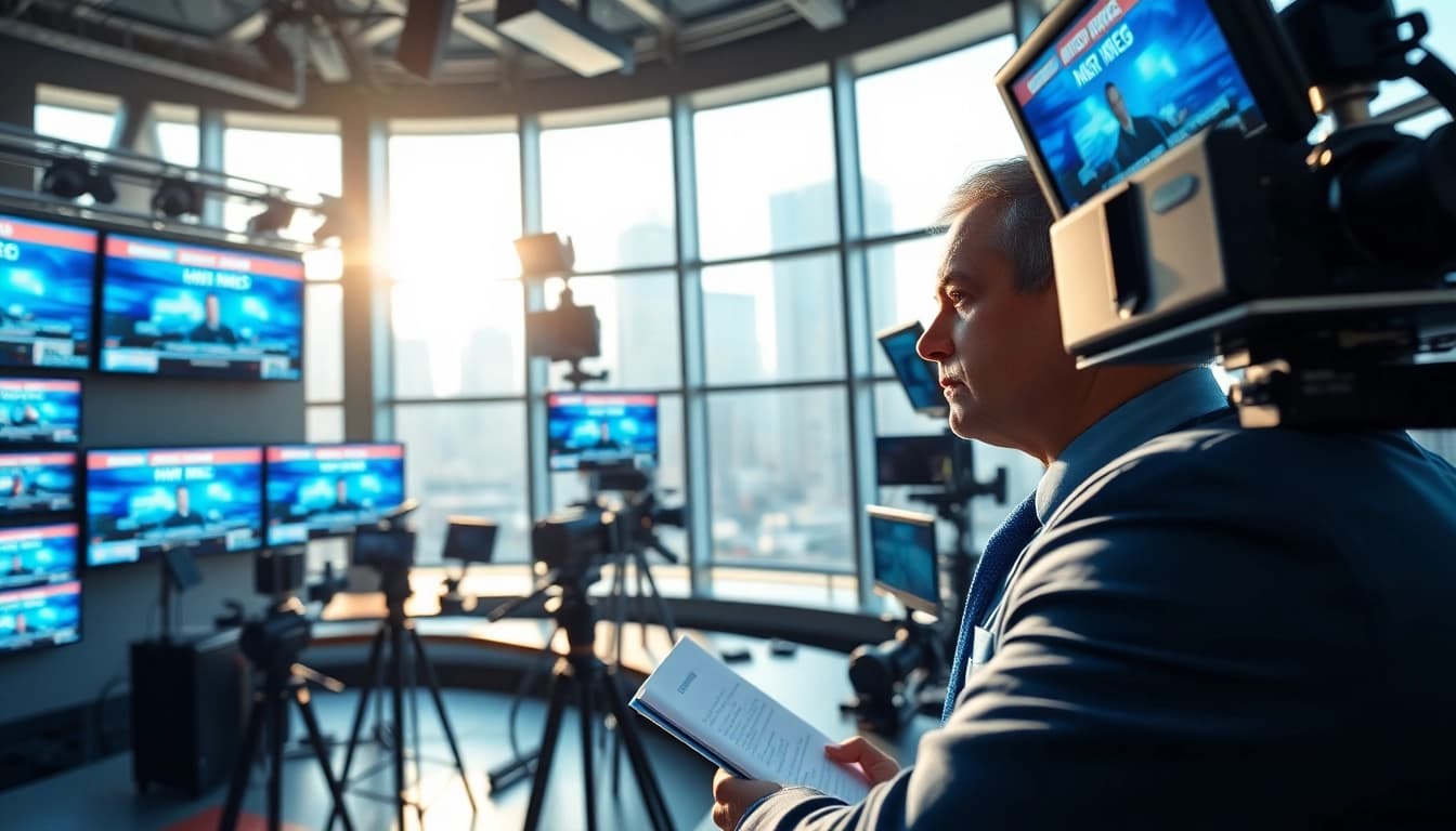 Capture breaking news events in a vibrant newsroom showcasing high-tech screens and a dedicated reporter.