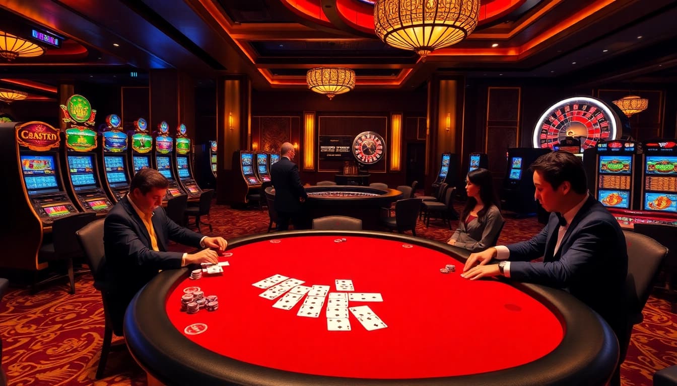 Engaging casino scene at https://lc88.jpn.com/ with poker table, vibrant slots, and excited players.