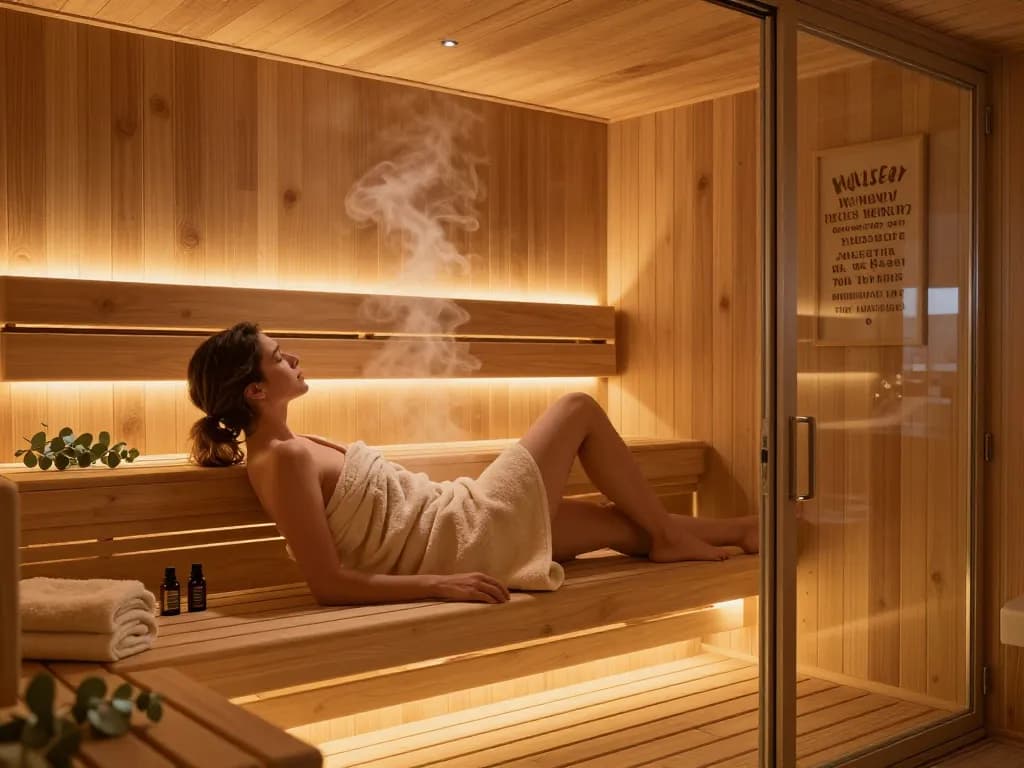 Calming sauna 3D model with a relaxing person and essential oils in a serene atmosphere