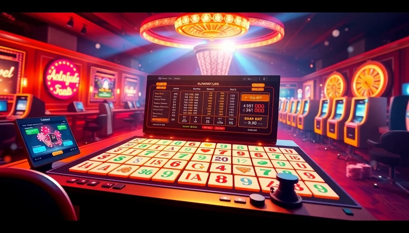 Engage in רמיקוב אונליין with vibrant tiles and a lively casino backdrop.