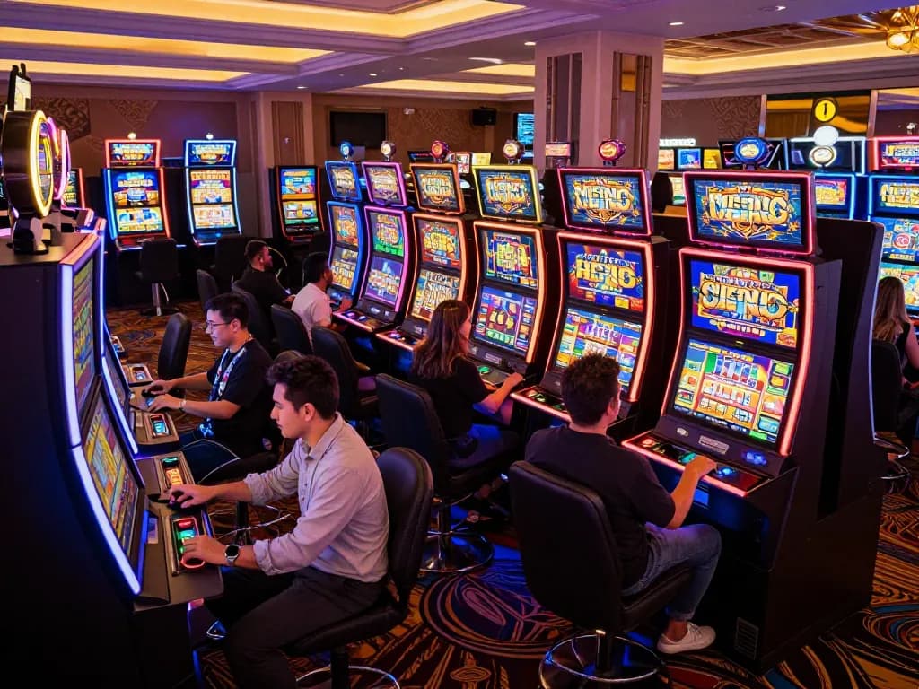 Players engaging with slot machines at Mesingg, showcasing excitement in vibrant casino setting.