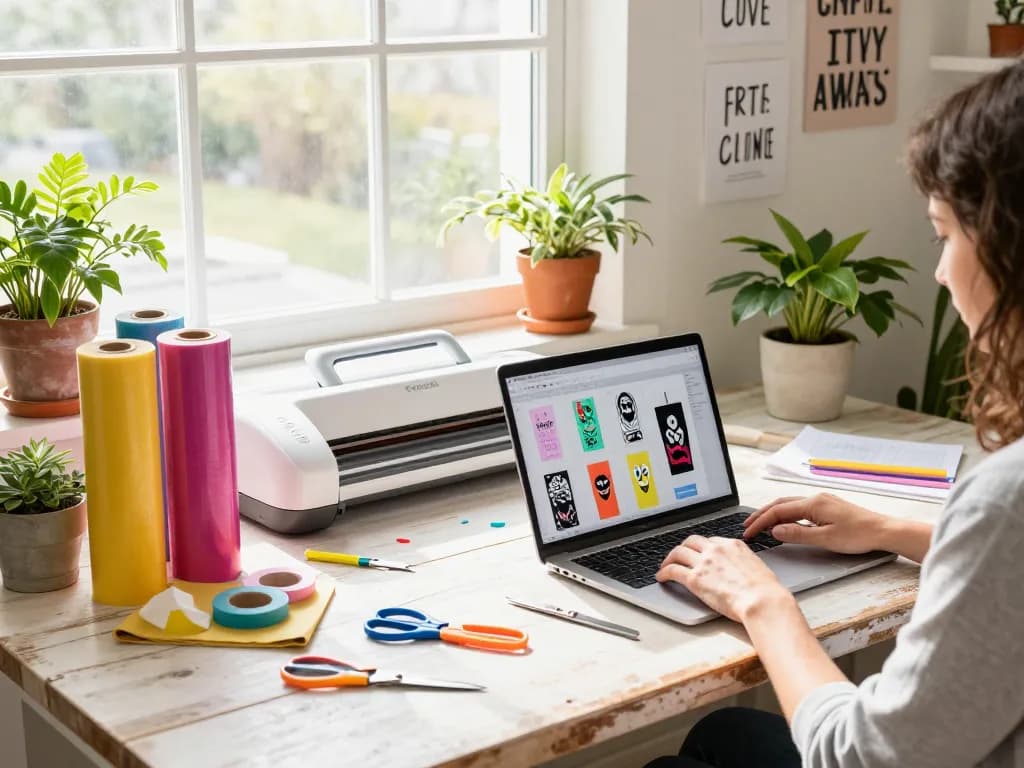 Crafting SVG bundle designs in a creative workspace with colorful materials and bright sunlight