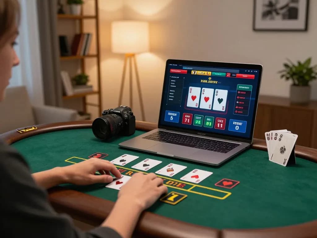 Engaging in online blackjack at atq com in a stylish home gaming setup with laptop, cards, and warm lighting.