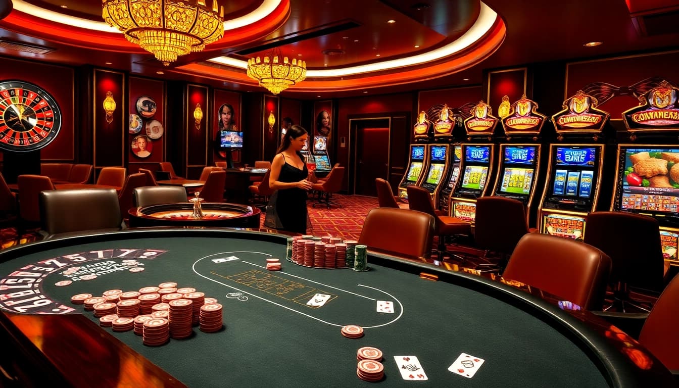 Experience the excitement of 777VIP as players engage at a stylish casino table, surrounded by vibrant gaming elements.