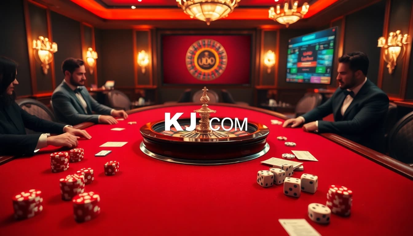 Winning moments at KJC COM's luxurious casino, showcasing poker chips and a roulette wheel.