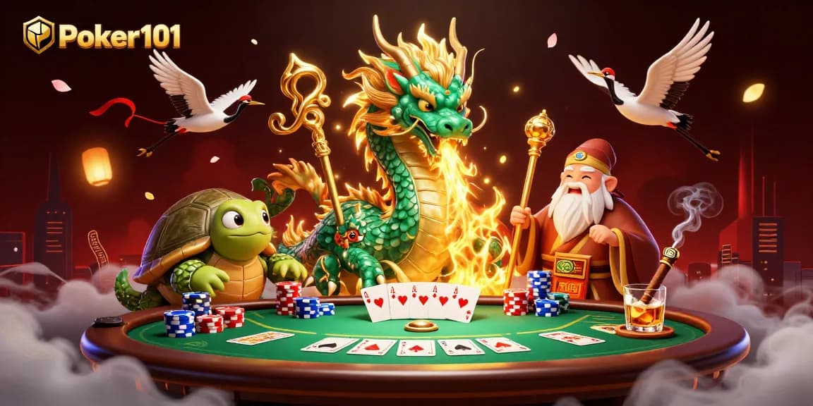 Engage with Poker101's immersive gameplay, showcasing vibrant characters and thrilling card elements.