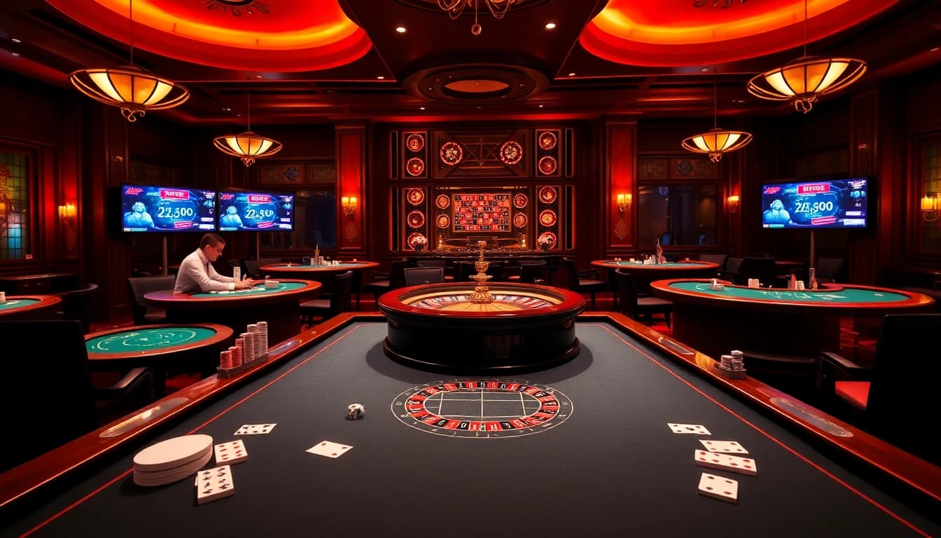 Découvrez l'excitation d'un casino en ligne avec des tables élégantes, des jetons vibrants et des interfaces de pari numériques.