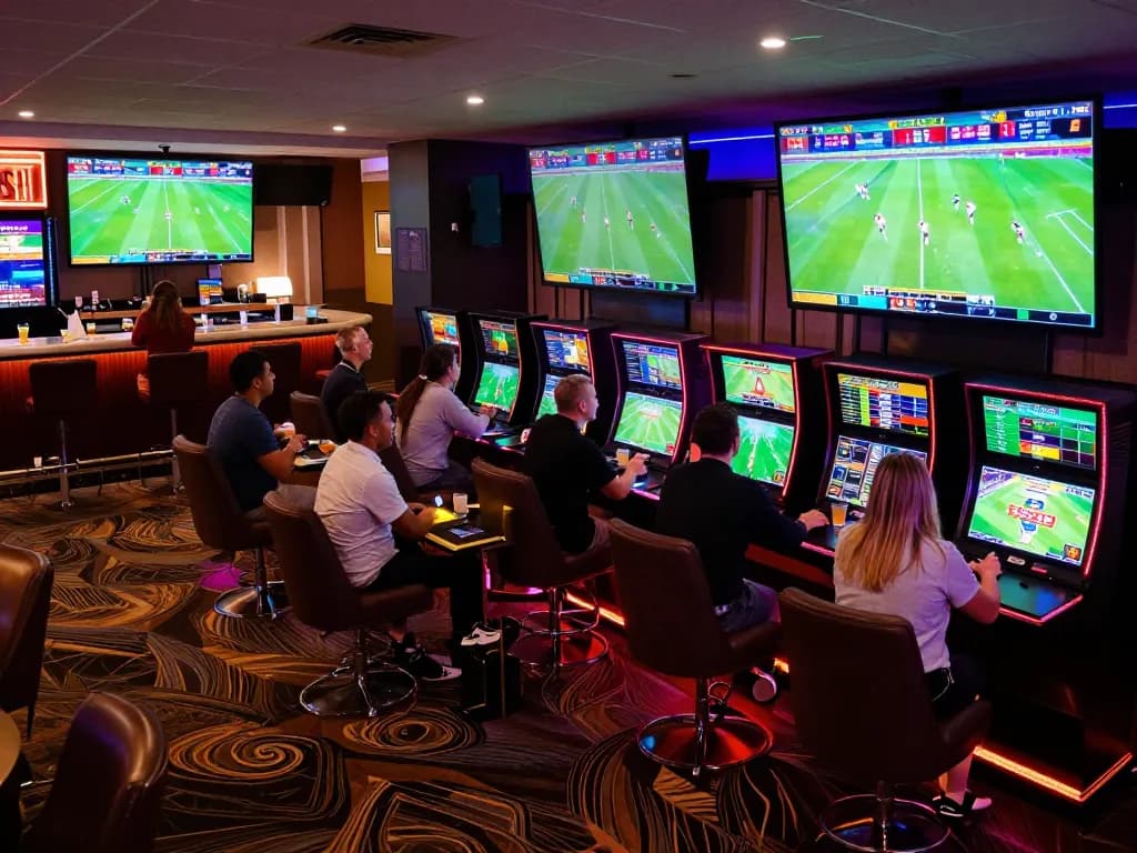 Kèo nhà cái enthusiasts cheering for live sports betting in a lively casino lounge.