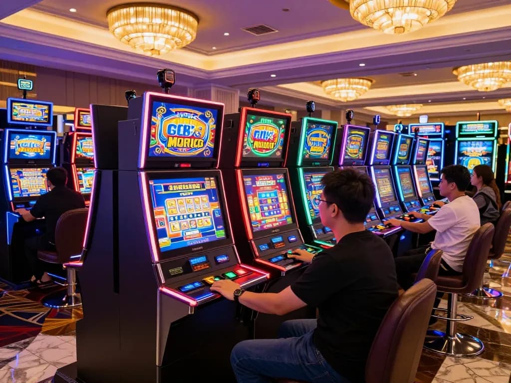 Players engaging with vibrant slot gacor machines in a lively casino atmosphere