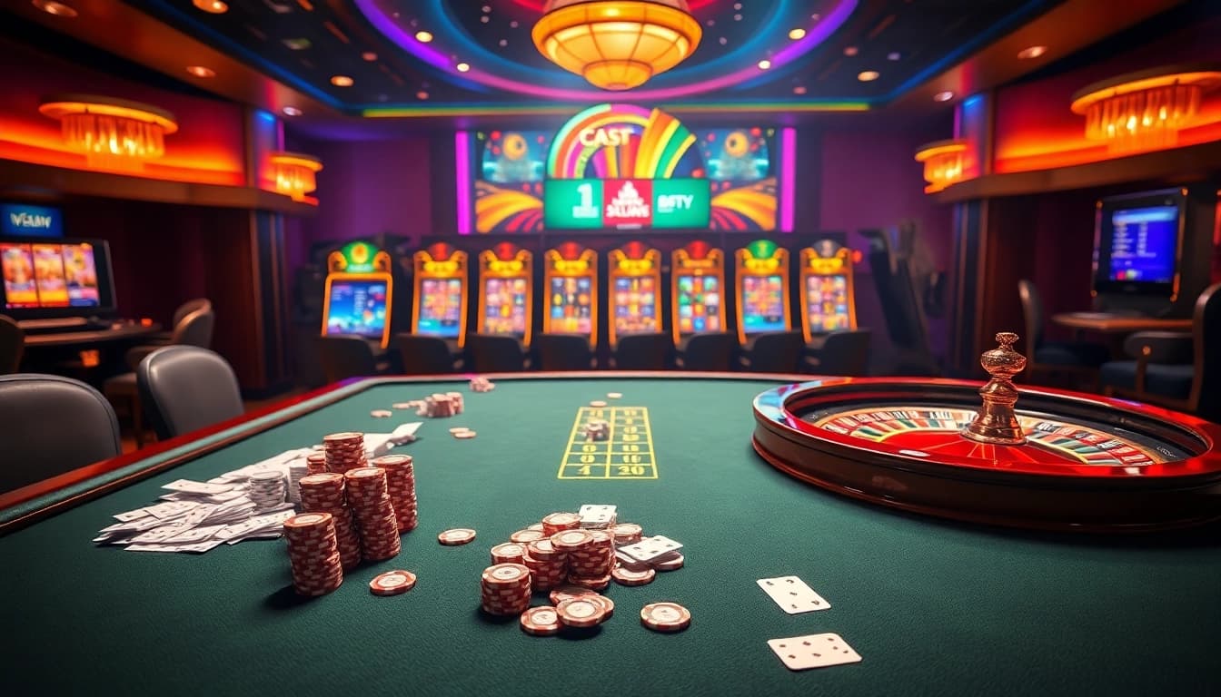 Engaging gambling scene at Nhà cái OKFUN with vibrant tables, poker chips, and exciting slot machines.