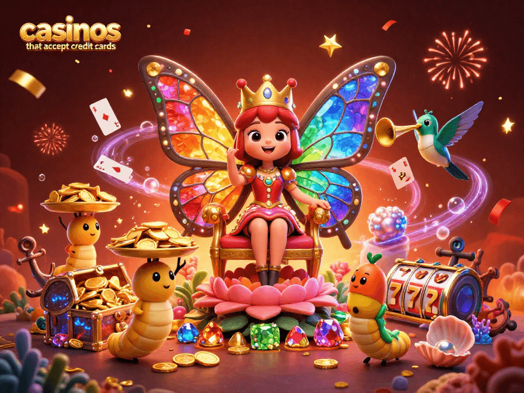 Experience excitement at casinos that accept credit cards with vibrant characters and game symbols in action.