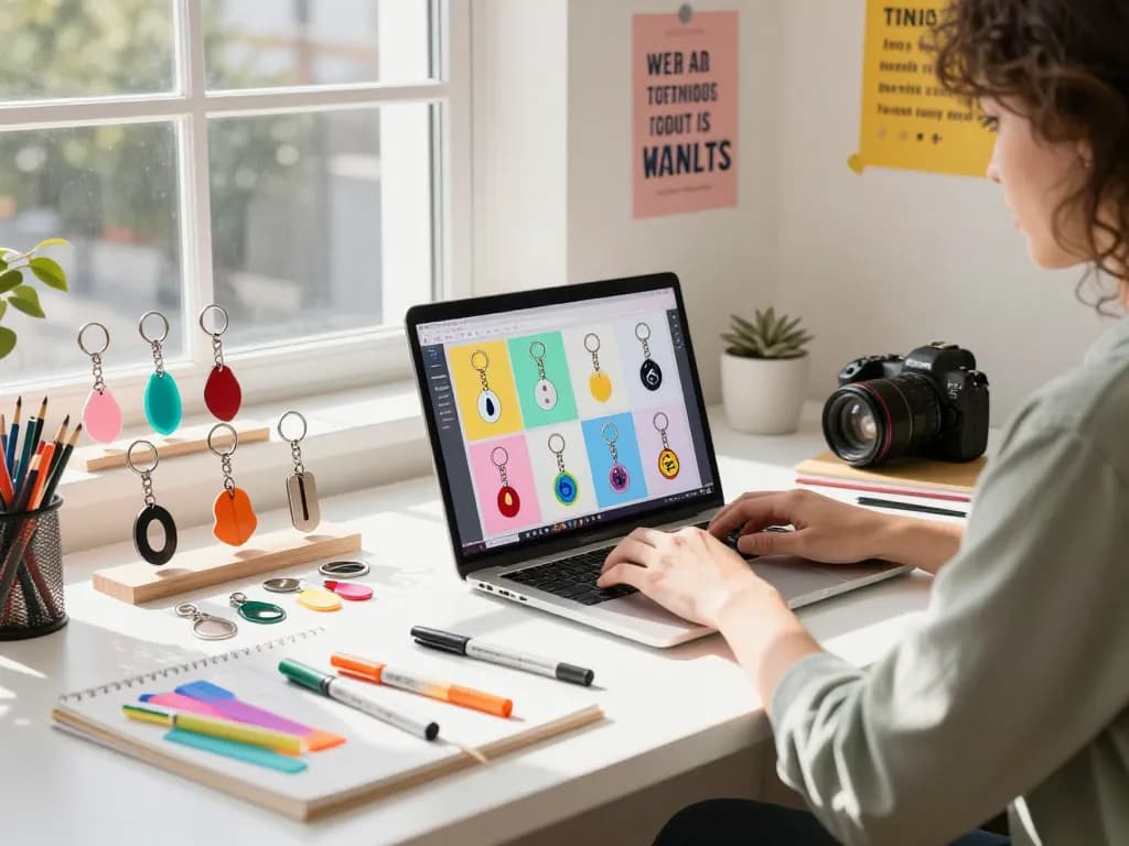 Creative workspace displaying custom key chains design process with materials and mockups.