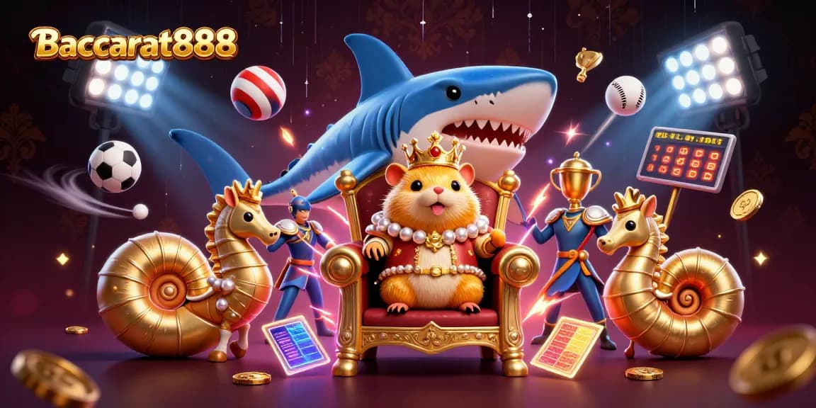 Baccarat888 delivers an energetic 3D scene showcasing a golden hamster king surrounded by dynamic sports-themed elements.