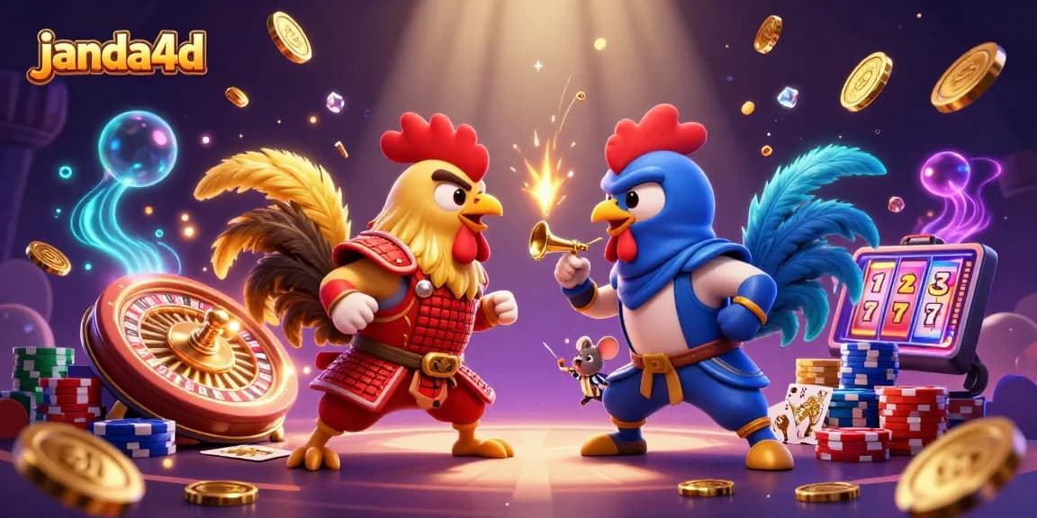 JANDA4D menghadirkan ilustrasi 3D penuh warna dari ayam petarung dalam pertarungan dramatis di arena perjudian.