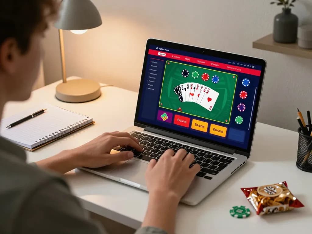 Engaging online gaming atmosphere at trang chủ 888VI, player using laptop for casino fun.