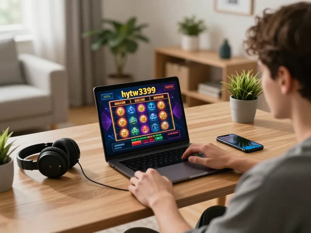 Player engaging with hytw3339a slot game on laptop in cozy home office environment.