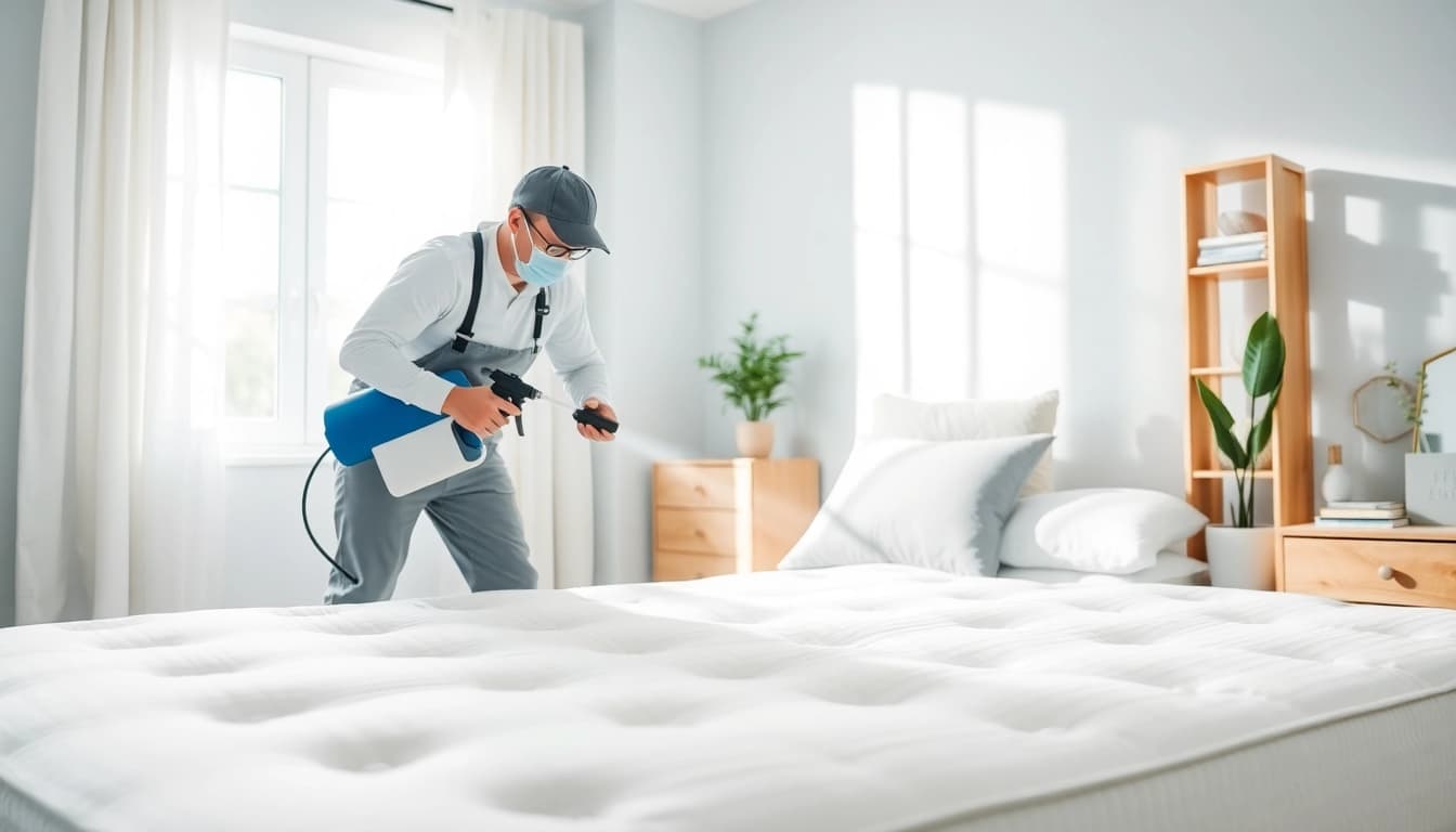 Applying affordable bed bug treatment in a clean bedroom environment during pest control service.