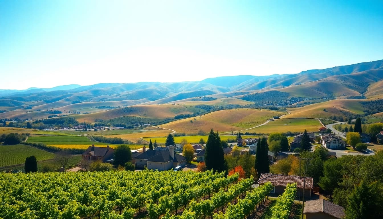 Charming vineyard landscape in clarksburg california with rolling hills and a blue sky.
