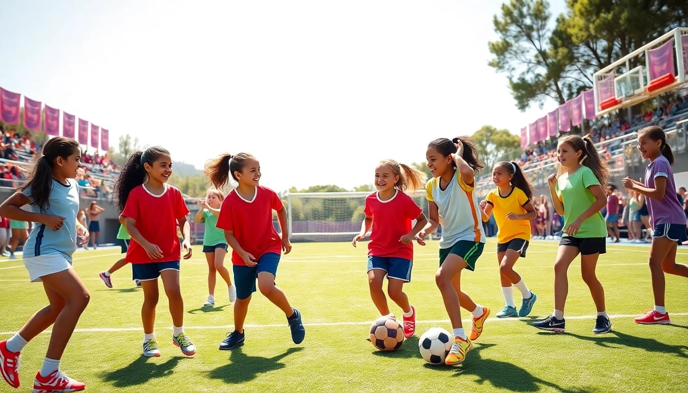 Girls enjoying Multi Sports Camps for Girls, showcasing teamwork and athleticism in a lively setting.