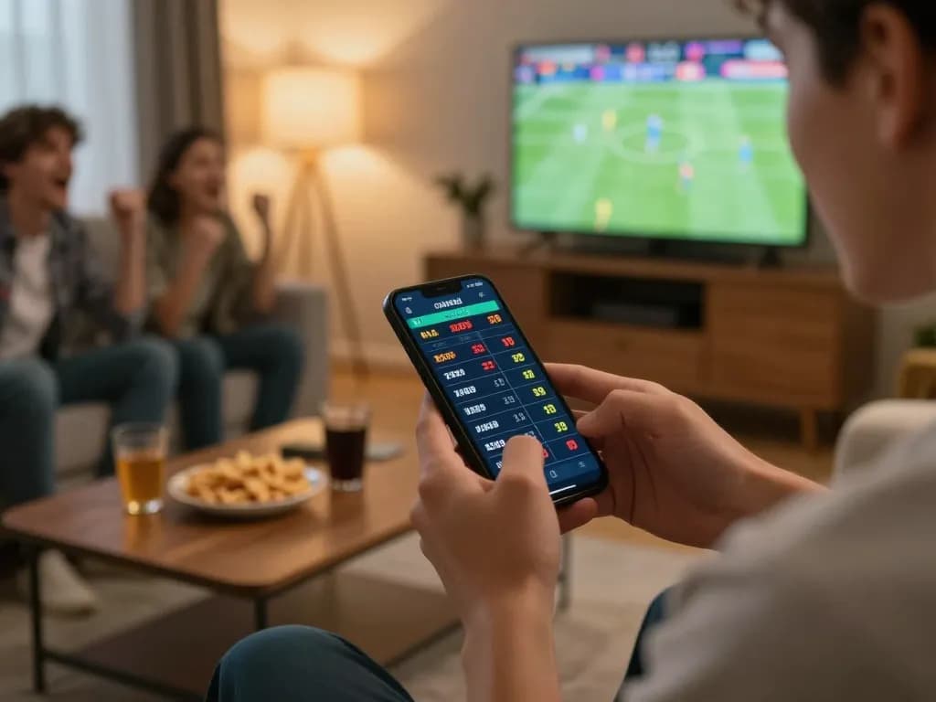kkwin player placing bets on sports using smartphone in a cozy home setting