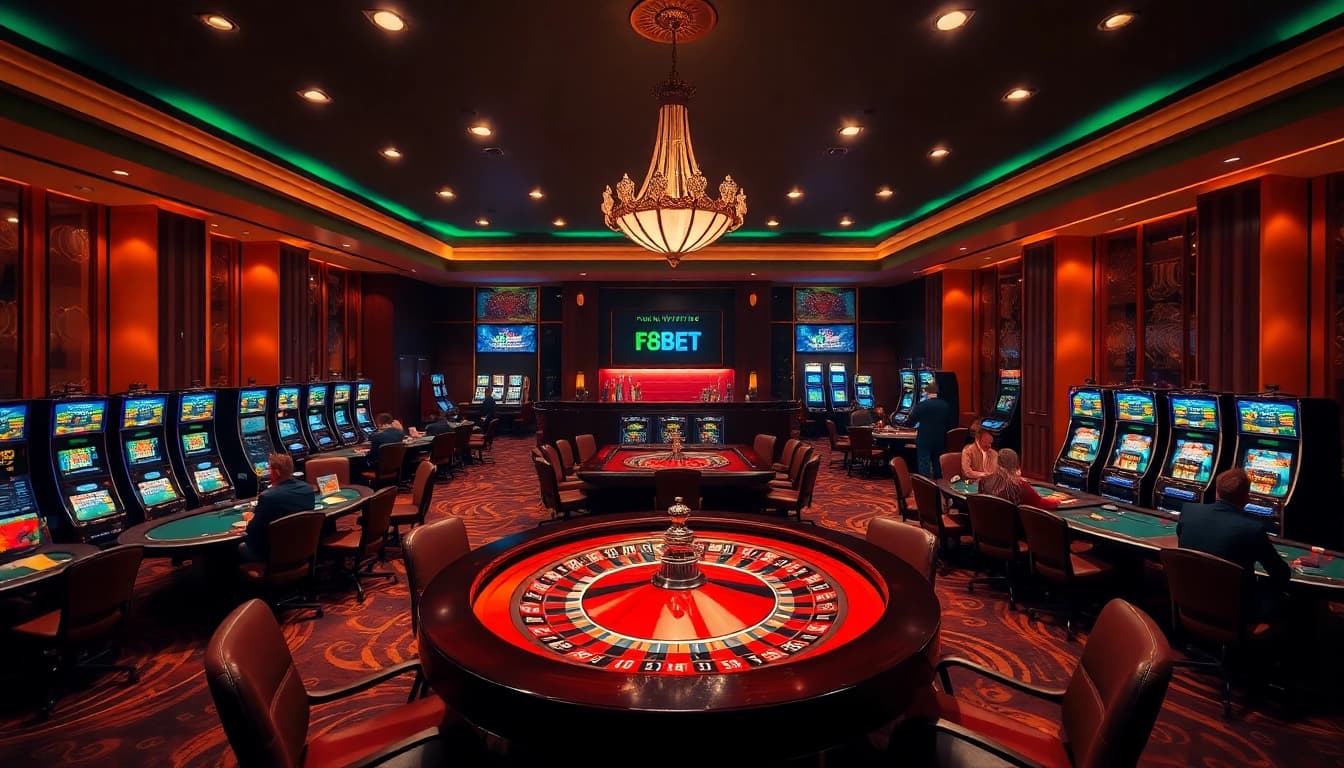 Experience the excitement of gambling at F8BET, featuring poker tables and a roulette wheel.