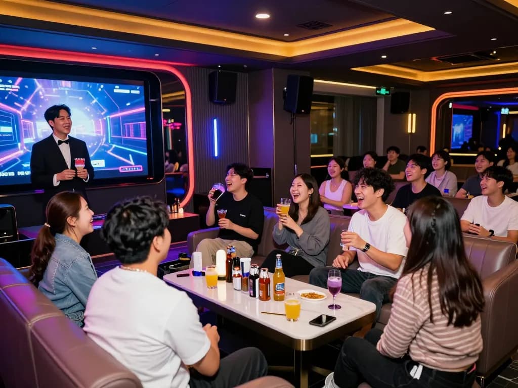 인천쓰리노에서 음료와 음악을 즐기는 손님들이 있는 매력적인 밤문화 분위기.