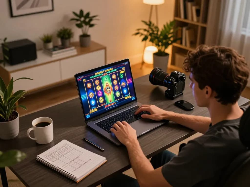 Pemain Bintangmpo terlibat secara intens dengan permainan slot online di rumah, menampilkan suasana permainan yang dinamis