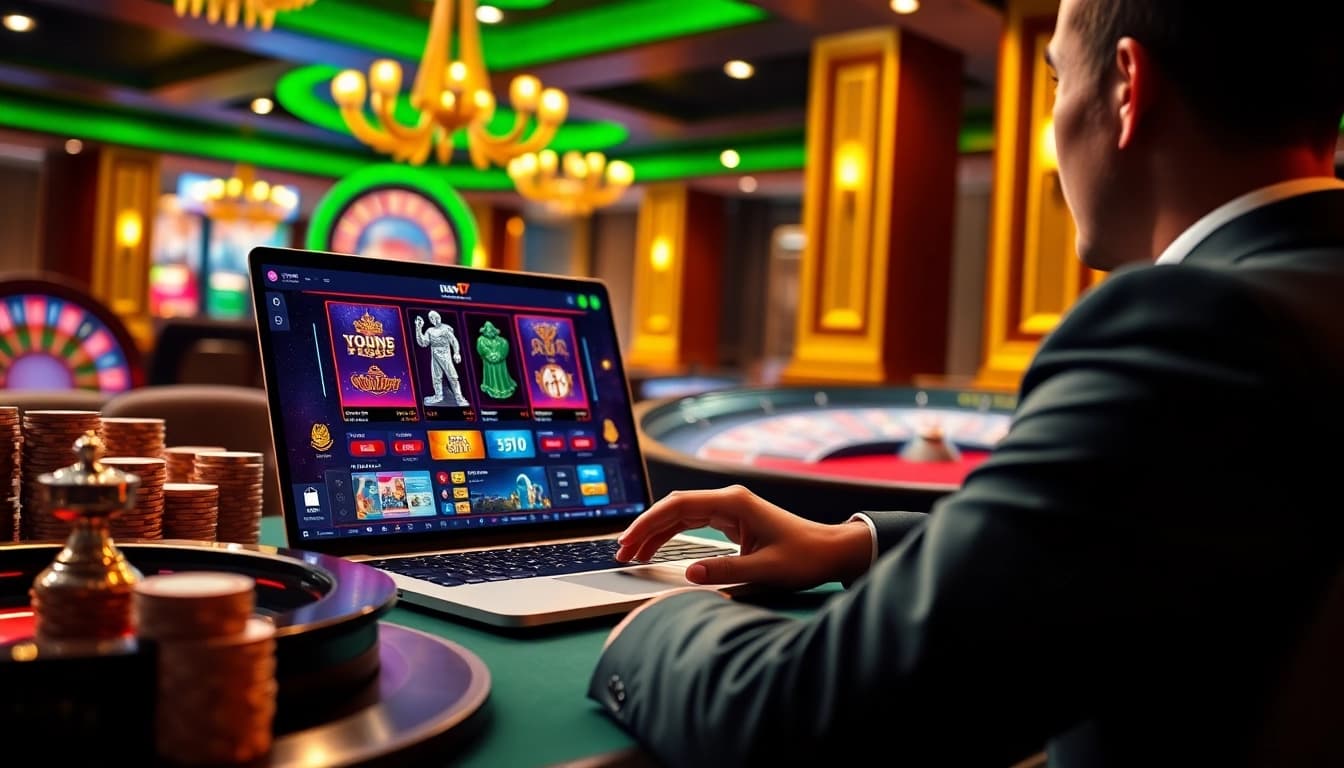 Player enjoying the online casino experience at new77, surrounded by poker chips and a roulette wheel.