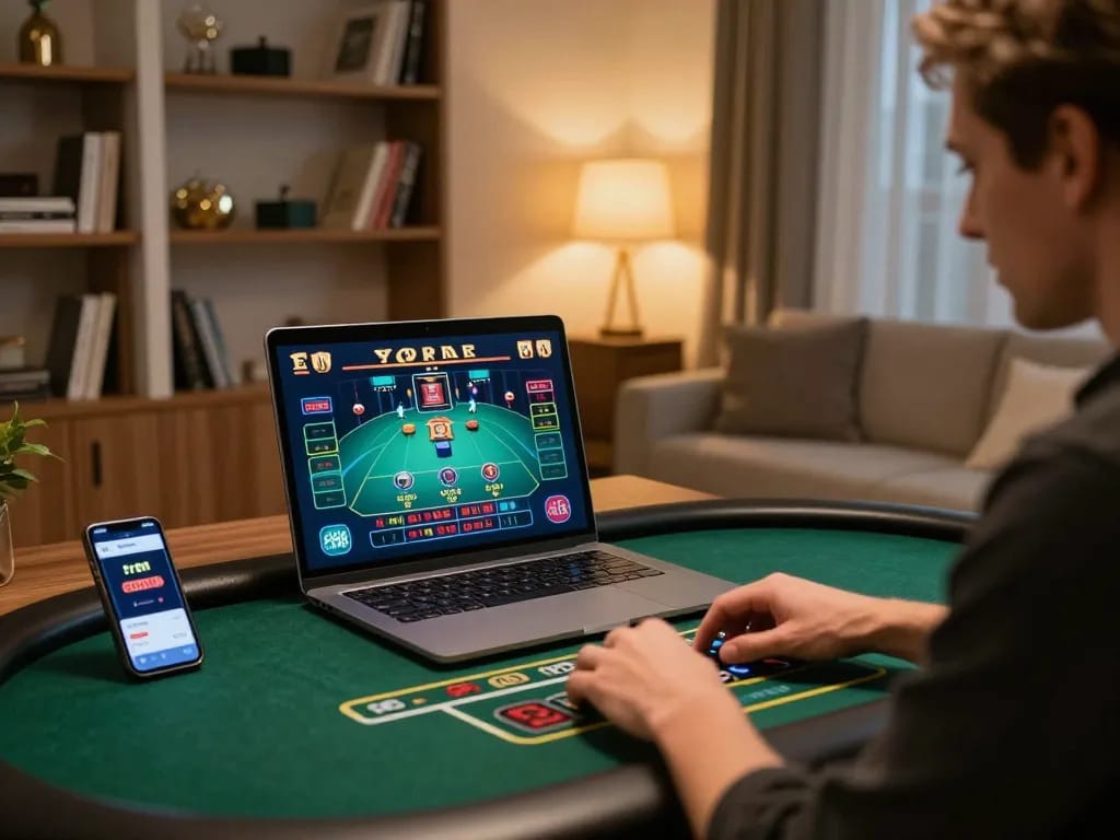 Engaging with the rr88 casino app on a cozy home setup showcasing online gambling.