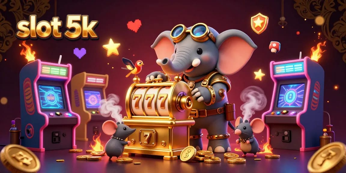 Experience vibrant excitement with slot 5k as the steampunk engineer operates a golden slot machine.