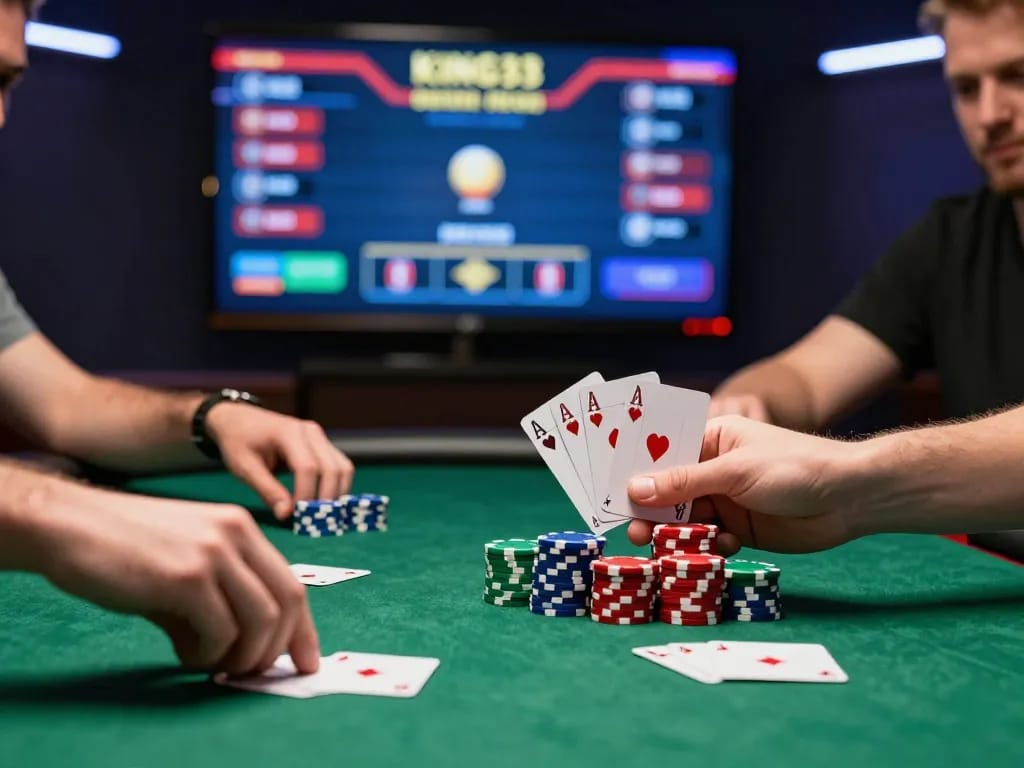 Players strategizing at a King33 online poker game, showcasing high-stakes action and engagement
