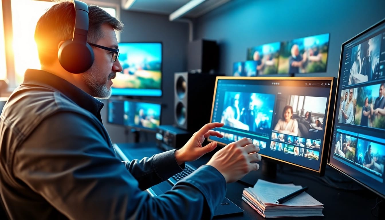 Engaged in post-production & editing, a film editor masterfully enhances video footage in a bright studio.
