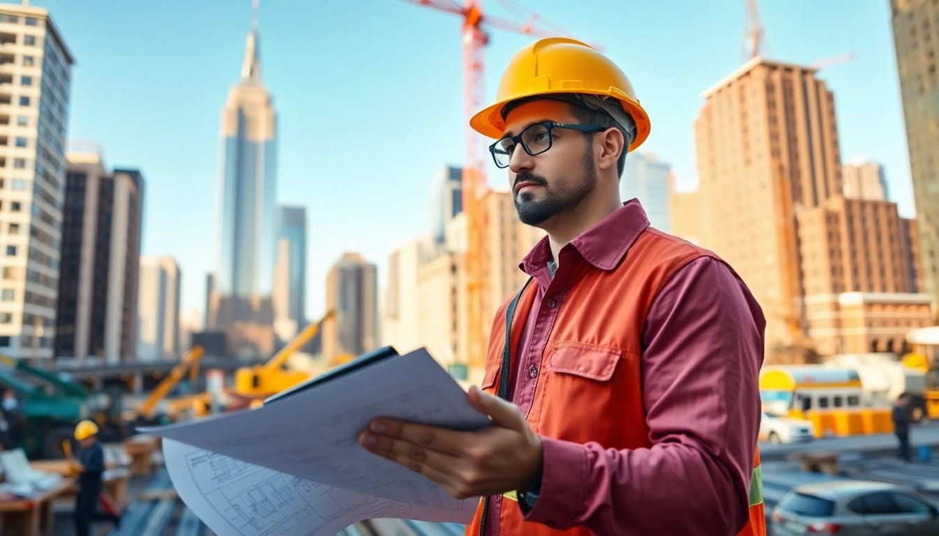 New York Construction Manager analyzing plans and directing projects on an active construction site.